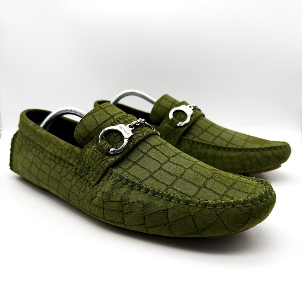 Jimmy Choo Croc Embossed Suede Driving Loafers Green Silver Hardware Size 46
